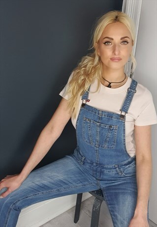 VINTAGE 90'S STRETCH BLUE STONEWASH DENIM DUNGAREES SLIM FIT