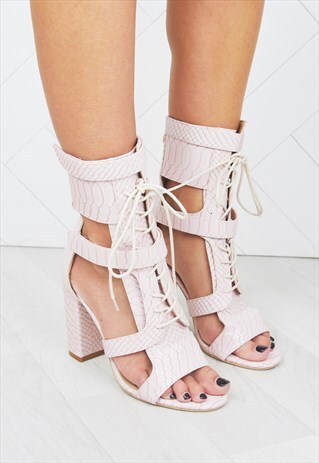 KHLOE PINK CROC LACE UP BLOCK HEELS