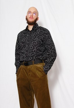 Vintage 90s Grunge Grey Ombre Spiral Print Black Shirt