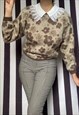 VINTAGE 80S MOHAIR BROWN BEIGE FLORAL JUMPER, UK12/14 