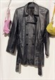 VINTAGE 80S BLACK REAL LEATHER TRENCH JACKET WITH TIE WAIST
