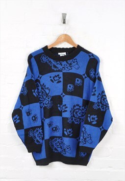 Vintage Knitwear Jumper Black/Blue Ladies Large
