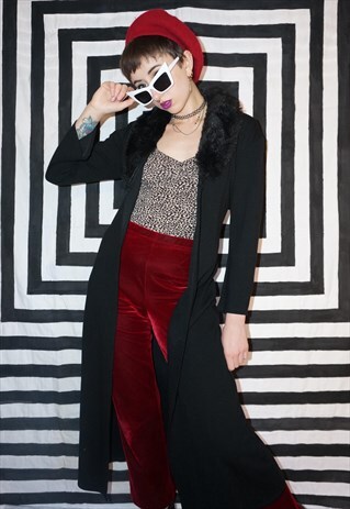 VINTAGE 80'S LONG BLACK CARDIGAN WITH FAUX FUR COLLAR