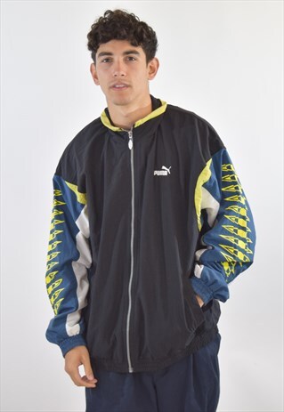 VINTAGE 90S BLACK BLUE YELLOW PUMA TRACKSUIT TOP JACKET
