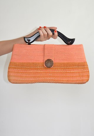 VINTAGE ORANGE & PEACH STRAW WOVEN TOP HANDLE CLUTCH BAG