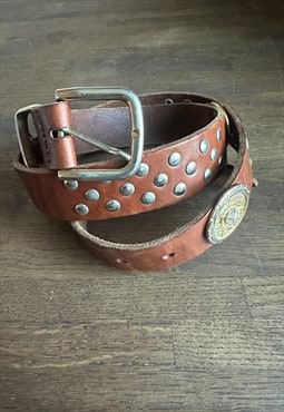 70's Ladies Vintage Brown Leather Studded Medallian Belt 