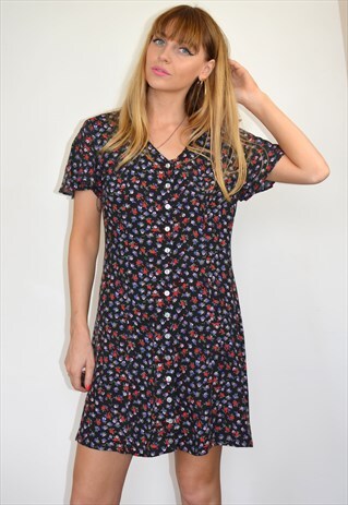 VINTAGE BLACK & RED FLORAL PRINT BUTTON THROUGH MINI DRESS