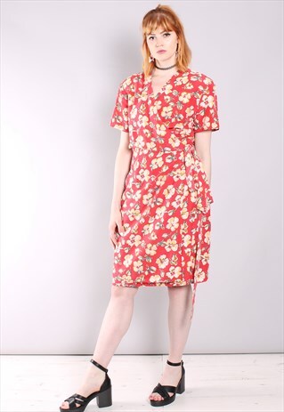 VINTAGE 80S RODIER CORAL FLORAL MIDI WRAP DRESS