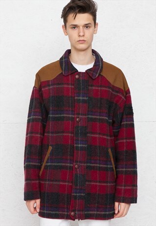 VINTAGE RED PURPLE CHECKERED WOOL JACKET COAT