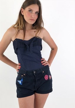 Vintage 70s Corset Top in Blue Polka Dot Small
