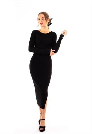 Ribbed midi Knit dress long sleeves in plain black