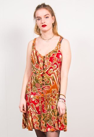 VINTAGE 90'S RED & GREEN FLORAL PRINT SLEEVELESS MINI DRESS