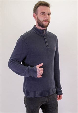 VINTAGE 1/4 BUTTON CHAPS SWEATER IN BLUE LARGE
