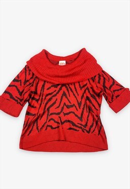 Vintage roll neck patterned knit jumper red large BV15389