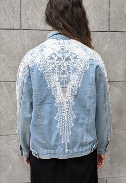 White Lace Decorated Vintage Denim Jacket M 