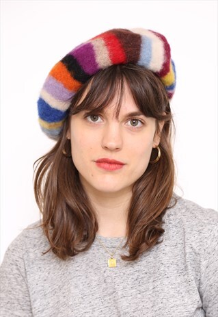 VINTAGE MULTICOLOURED STRIPED FELT WOOL BERET