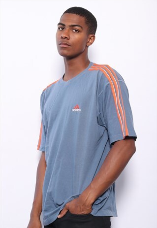 VINTAGE ADIDAS LOGO THREE STRIPE T-SHIRT BLUE AND ORANGE