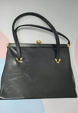 Vintage Grab Handbag Navy Blue Leather 