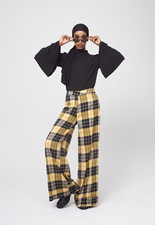 YELLOW TARTAN CHECK WIDE LEG TROUSERS