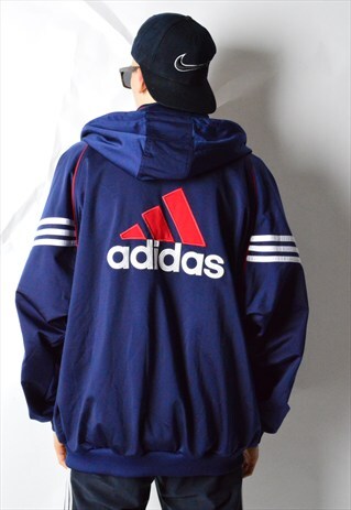VINTAGE 90S NAVY BLUE EMBROIDERED ADIDAS LOGO HOODIE JACKET