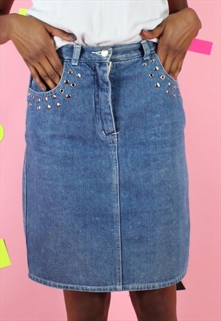 VINTAGE 90S DENIM MIDI SKIRT Y2K BLUE W/ METAL EYELET DETAIL
