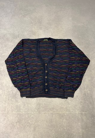 VINTAGE ABSTRACT KNITTED CARDIGAN PATTERNED GRANDAD SWEATER