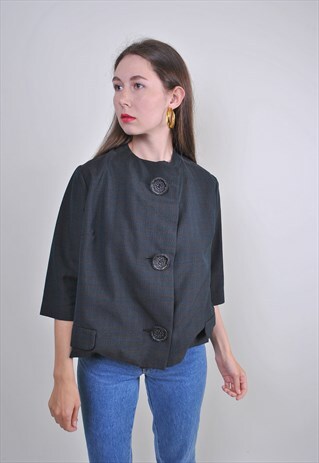 BIG BUTTOMS GREEN PLAID WOOL BLAZER, SIZE M