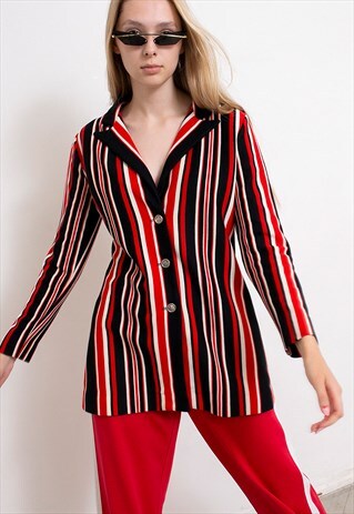 VINTAGE BLAZER JACKET WAISTED STRIPED RED BLACK 80S
