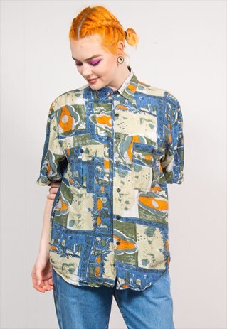 VINTAGE 90'S ABSTRACT PRINT OVERSIZED SHORT SLEEVE SHIRT