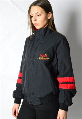 VINTAGE 80S BLACK AND RED RACING EMBROIDERED BOMBER JACKET