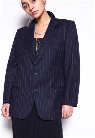 VINTAGE 80S PINSTRIPE NAVY BLAZER JACKET ID:1630