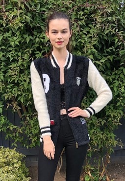 Fluffy cardigan style bomber jacket with patch in Black