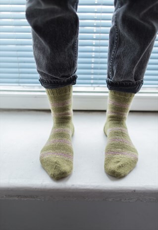 GREEN STRIPED HANDMADE KNITTED WOOL SOCKS