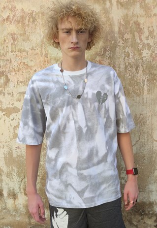 METALLIC HEART PRINT T-SHIRT THIN ABSTRACT GRAFFITI TEE GREY