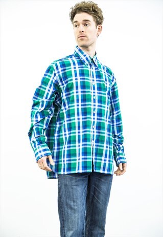 TOMMY HILFIGER VINTAGE 1990S BLUE AND GREEN CHECKED SHIRT