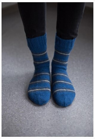 BLUE STRIPED HANDMADE KNITTED WOOL SOCKS