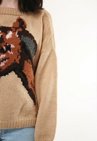 90S VINTAGE HANDKNITTED HORSE COZY JUMPER SWEATER 530