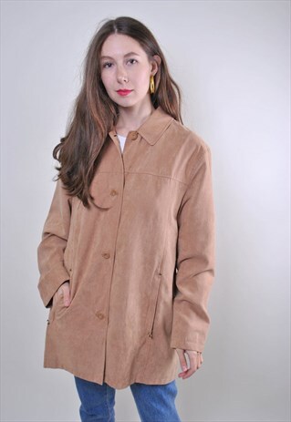WOMAN MINIMALIST BEIGE COLLAR BUTTONS WORK JACKET, SIZE L