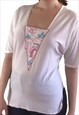 VINTAGE 70S WHITE BLOUSE WITH BOHO ABSTRACT DESIGN