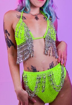 Neon Green Sequin Bikini Set Rave Ibiza Festival 