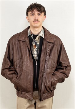 Vintage 80's Men Leather Bomber Jacket in Brown