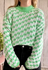 Vintage Retro Green Checked Square Y2K Cropped Jumper