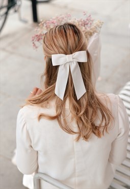 White Velvet Bridal Hair Bow Clip