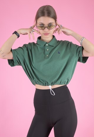 VINTAGE REWORKED RALPH LAUREN CROP TOP POLO SHIRT IN GREEN