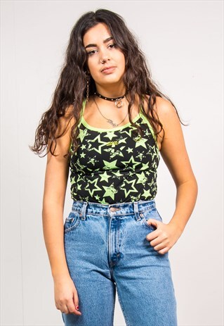 90'S NEON GREEN STAR PRINT SWIMSUIT BODY LEOTARD