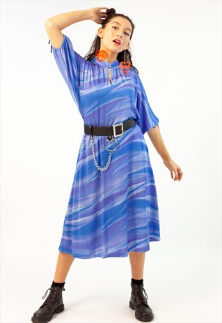VINTAGE 80S MIDI DRESS BLUE STRIPED KEYHOLE BATWING SLEEVE