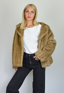 Vintage 70s Light Brown / Blonde Crop Faux Fur Jacket / Coat