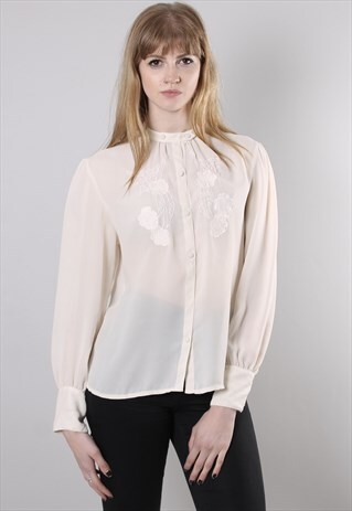VINTAGE 60S SHEER CHIFFON EMBROIDERED BLOUSE