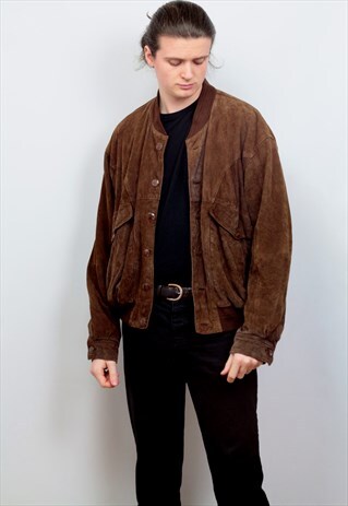 1980'S VINTAGE OVERSIZED SUEDE BOMBER JACKET IN BROWN