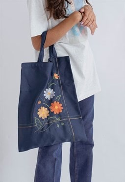 Vintage 70s Large Funky Floral Tote Bag in Dark Blue